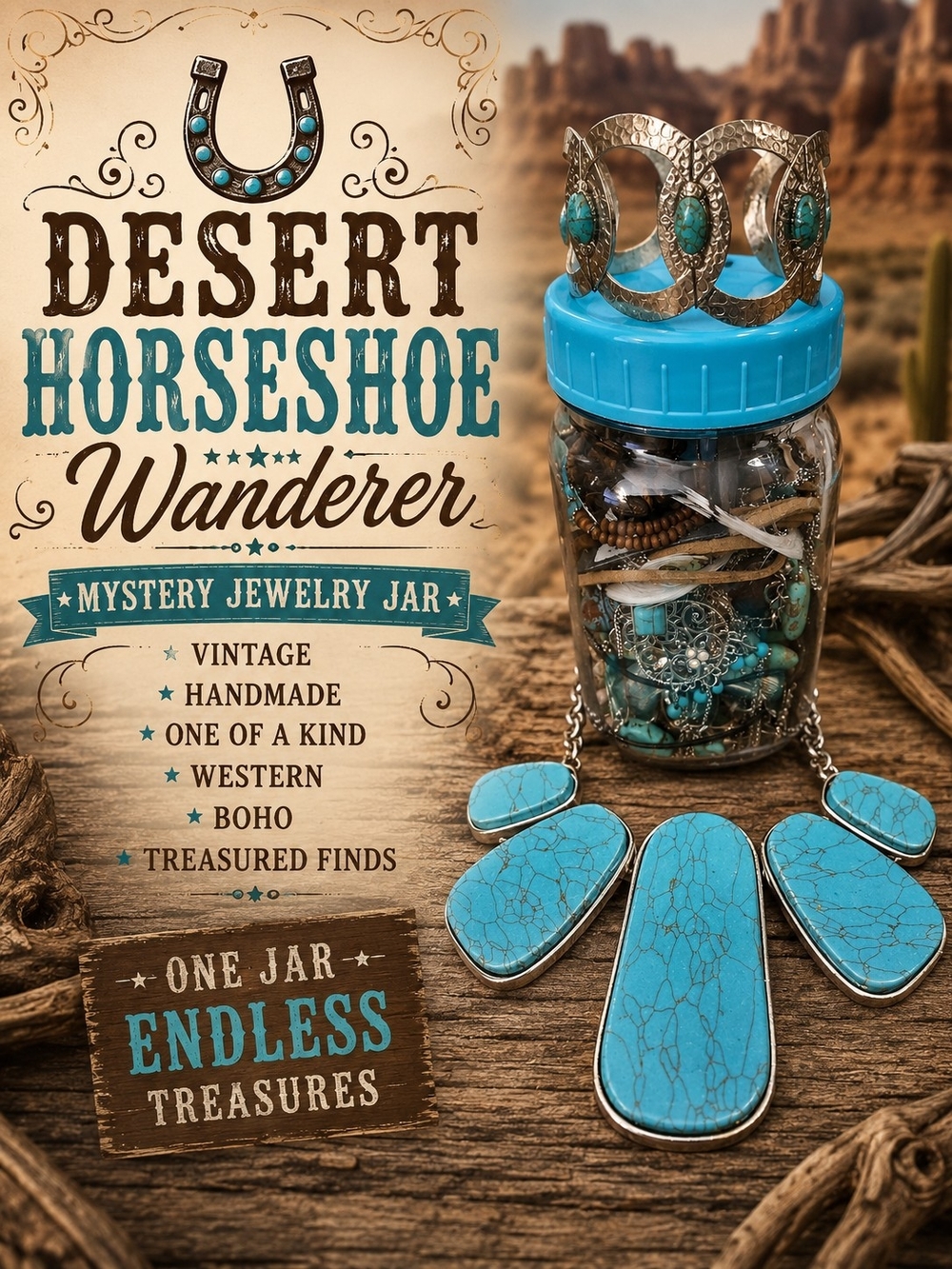 Desert Horseshoe Wanderer Mystery Jewelry Jar Western Southwestern Boho Cowgirl